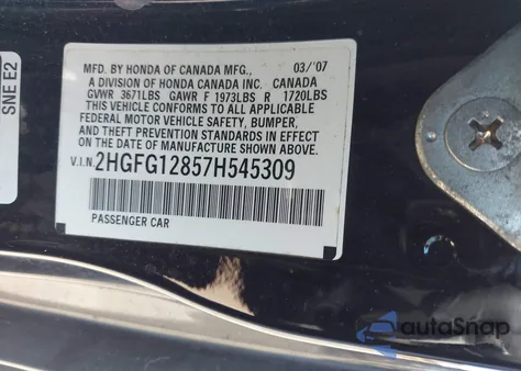 2007 Honda Civic Ex из США, поврежденный, VIN 2HGFG12857H545309